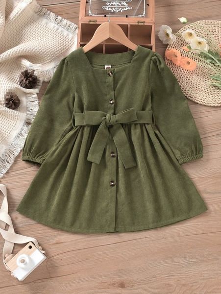 

toddler girls square neck belted corduroy dress she, Red;yellow
