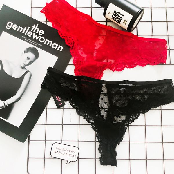 

transparent lace love wine red white black hollowed out women's low waist t-pants, Black;pink