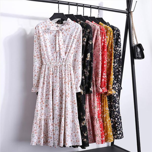 

2020 new autumn women dress for ladies long sleeve vintage chiffon shirt dress casual black red floral winter midi vestido, Black;gray