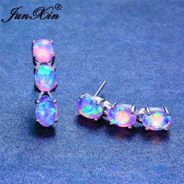 

stud junxin luxury oval stone blue white fire opal earrings for women silver color green purple bar wedding jewelry, Golden;silver