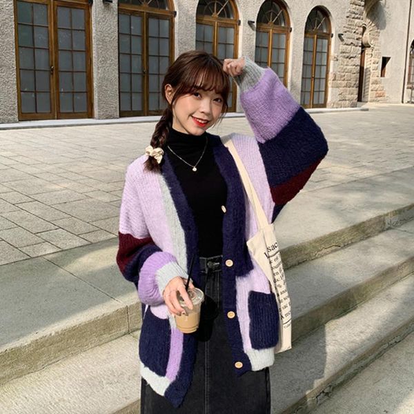 

color block cardigan long sleeve chunky harajuku knitted korean style cardigan sweater oversized jersey women clothes de50ks, White