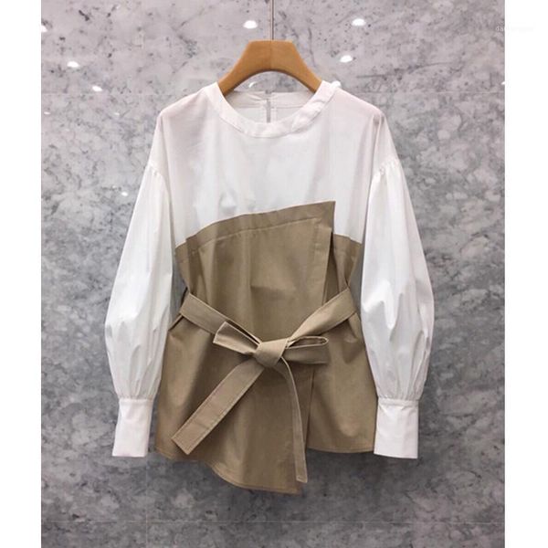 

south korea 2020 autumn new women's personality stitching fake two long-sleeved shirt han fan loose waist shirt tide1, White
