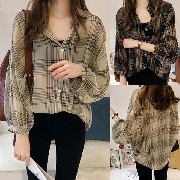 

womail fashion women s blouses shirt 2021 fashion plaid stripe button v neck cardigan women's shirts female long sleeve blouse, White