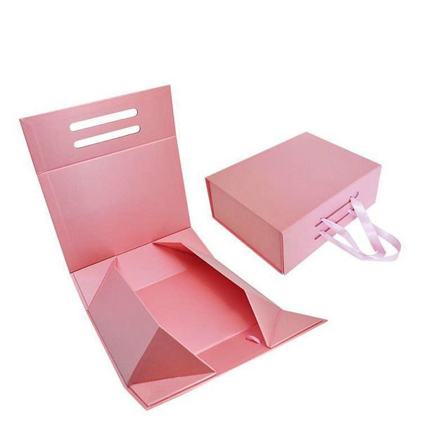 Estoque Pink Personalizado Logotipo Handmade Handmade Handmade Caixas dobráveis ​​Embalagens de Embalagem de Roupas de Roupas de Camisa Saco Sapatos de Presente Caixas de Presente com Fita
