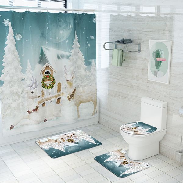 

merry christmas shower curtain set bath mats rug happy new year toilet cover anti slip mat snow elk bathroom curtains with hooks