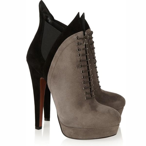 

lucky2020 ankle high heel strap roman shoes waterproof platform short color matching suede leather women's boots style, Black