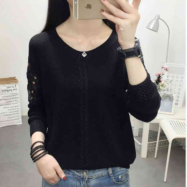 

korea style lace hellow out chic thin knitted sweater women autumn pullover sweater basic shirt spring casual, White;black