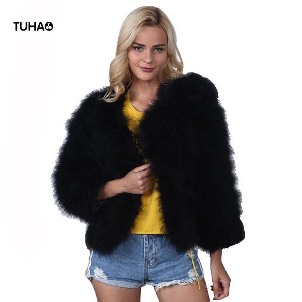 

tuhao faux fur jacket female autumn winter nine quarter short coats casual outerwear solid color women faux ostrich coats0824, Black