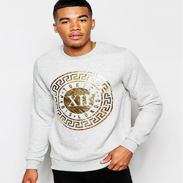 

gold foil printed heavy fabric 80% cotton 20% polyester men crew neck sweatshirt wholesale pullover hoodies, Black