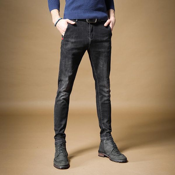 

black jeans causal men straight stretch denim trousers fashion streetwear slim fit pants, Blue