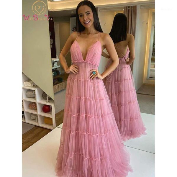 

walk beside you pink tulle prom dresses spaghetti strap cross back v neck backless a line evening party gowns long women formal1, White;black