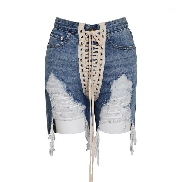 

new 2020 summer high waist hole tassel streetwear shorts patchwork cross strap denim women's shorts female1, White;black