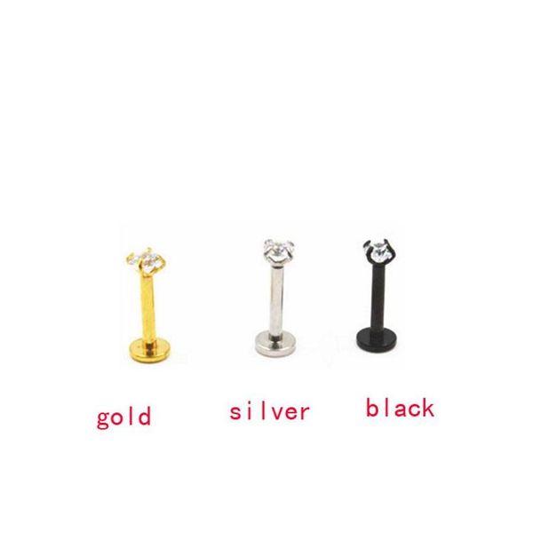 

punk crystal cubic zirconia lip ring steel ear earring studs internal thread prong gem 16g tragus helix labre sqcvnn new_dhbest, Black