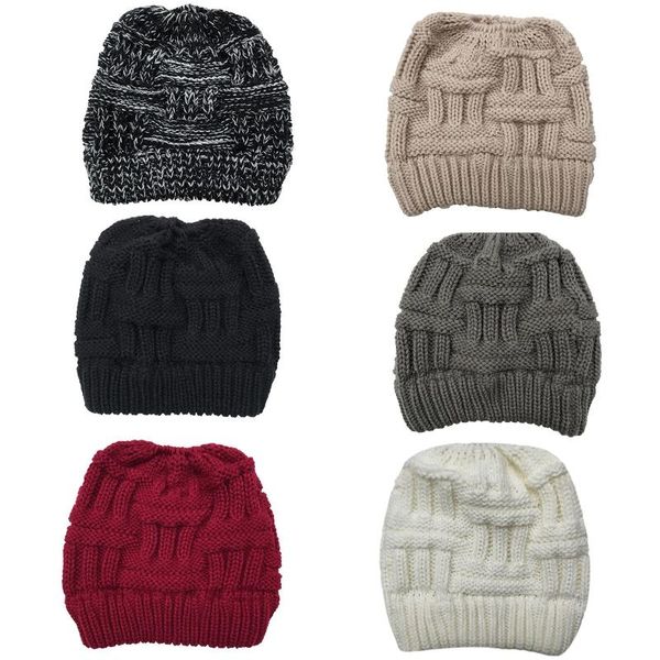 

women winter chunky plaid crochet knitted beanie hat with hole high messy bun solid color stretch snow ski skull cap ea, Blue;gray