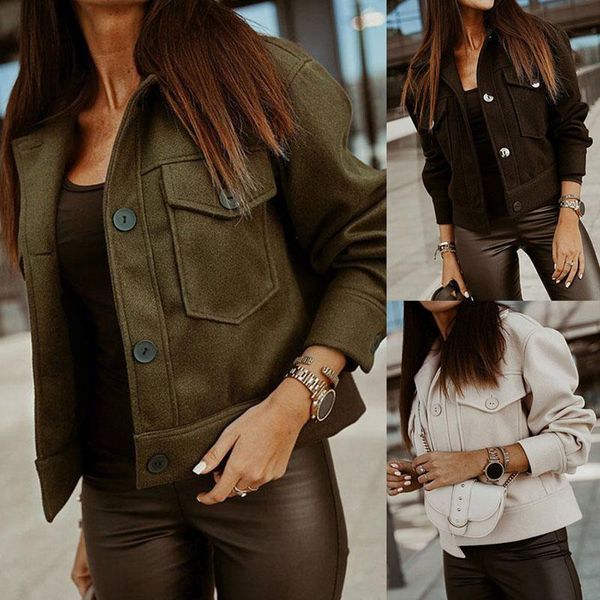 

women single-breasted fleece coat woolen jacket long sleeve women short casual outwear pocket oversize jacket fashion 2020, Black