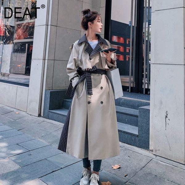 

[deat] new autumn fashion women's trench coat england style plaid full sleeve slim lapel collar long length with belt tx177 201102, Tan;black