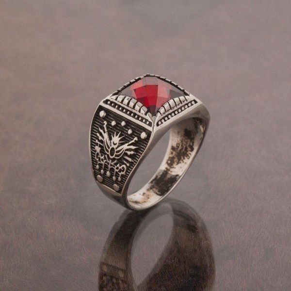

cluster rings 925 sterling red zircon stone state coat of arms patterned silver ring fashion turkish quality handmade jawelery, Golden;silver