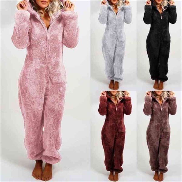 

womens plush jumpsuit fall winter warm pajamas fluffy fleece romper sleepwear overall hood zipper one-piece suits plus size, Black;white