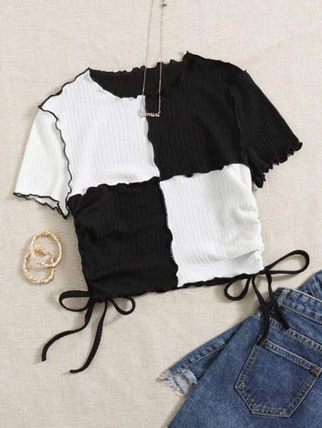 

lettuce trim drawstring side rib-knit colorblock tee z0pc#, White