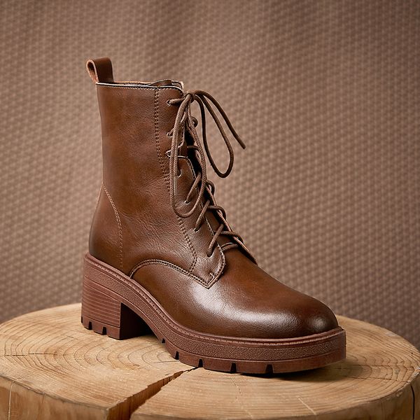 

2021 new lace up zipper ankle fashion square high heel short boots autumn winter round toe casual women shoes size 34-39 4acn, Black