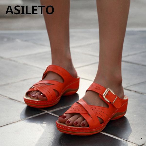 

asileto new 2021 women sandals open toe 5cm wedge heels buckle classic concise soft non-slip breathable big size 42 a3610, Black