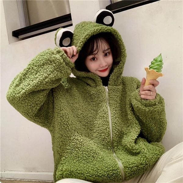 

cute women hoodie 2020 winter fructose color loose hoodies sweatshirts thick lamb wool mid-length hoodies frog zipper clothes1, Black