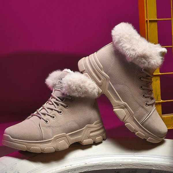 

boots women winter snow warm flat furry shoes platform lace up ladies women's flock fur ankle female comfortable, Black