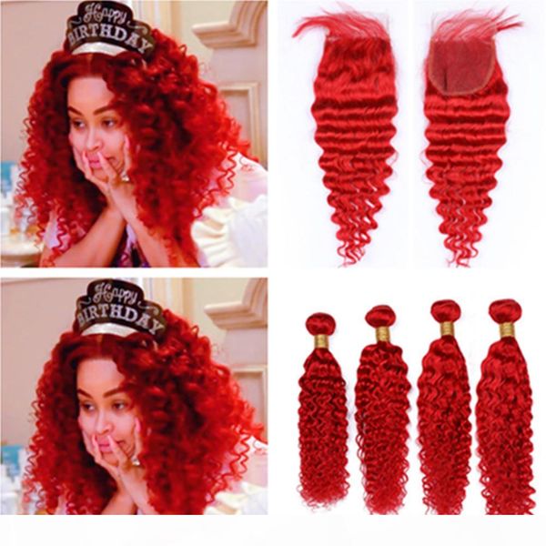 

red deep wave human hair 4 bundles and closure bright red brazilian deep wavy weaves human hair bundles with lace closure 4x4, Black;brown