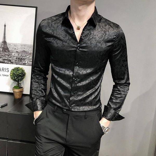 

men's dress shirts printed gentleman shirt 2021 spring long sleeve fashion business formal wear casual prom wrinkle-clothing, White;black