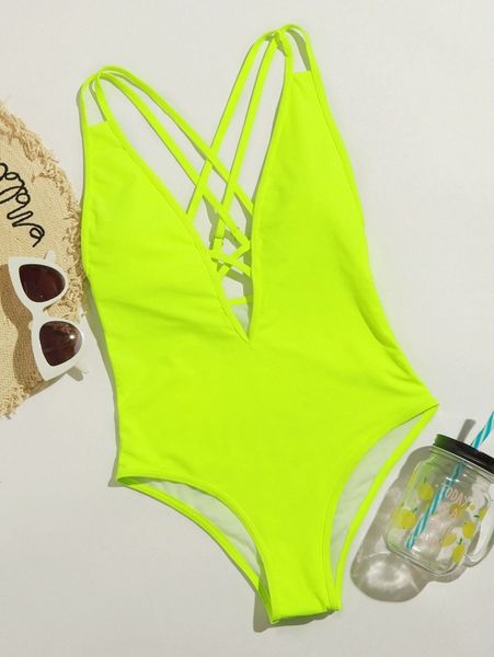 

neon lime criss cross plunging one piece swimsuit u8fv#, White;black