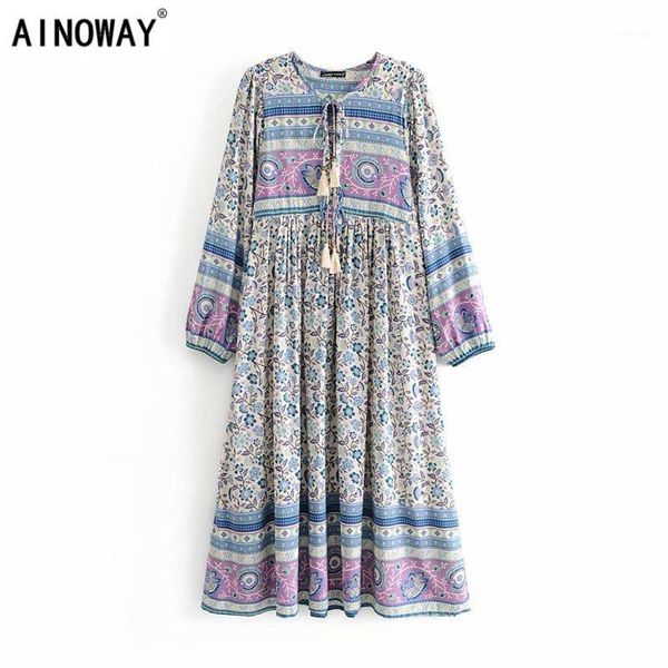 

vintage chic women lace-up tassel floral print beach bohemian midi dress ladies rayon cotton summer boho dress vestidos1, Black;gray