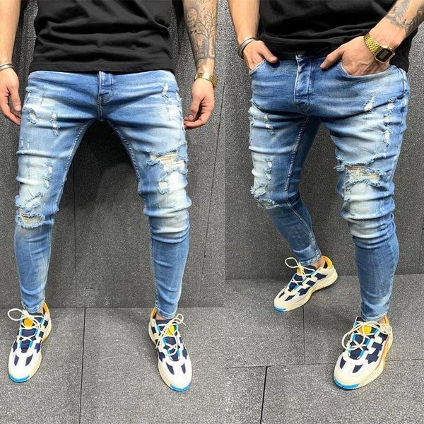 

men's slim fit stretch ripped biker pencil jeans, casual skinny distressed washed denim pants with destroyed holes1, Blue