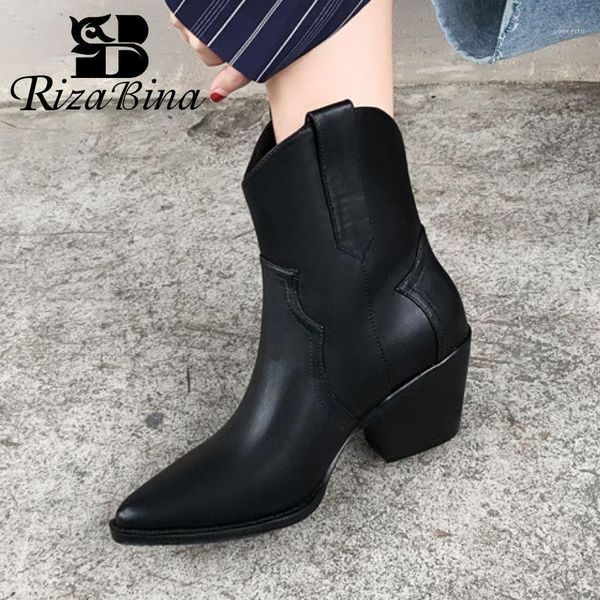 

rizabina new fashion ankle boots pointed toe thick high heel slip on shoes solid color western boots winter footwear size 33-451, Black