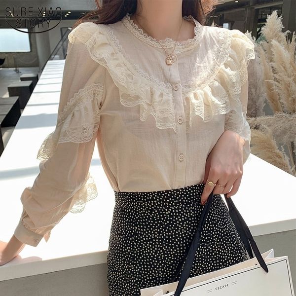 

elegant ladies women's and blouses solid lace blouse button stand for women shirts blusas femininas 8049 50 201126, White