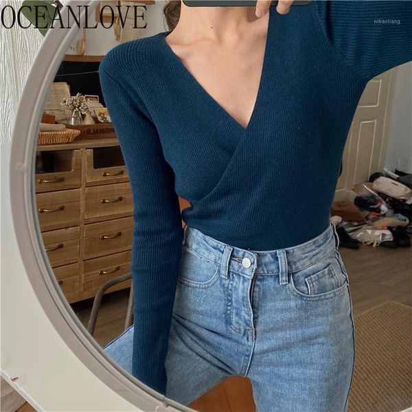 

women's sweaters oceanlove 2021 pullovers solid v neck vintage ladies ins fashion sweater women spring slim pull femme korean 139301, White;black