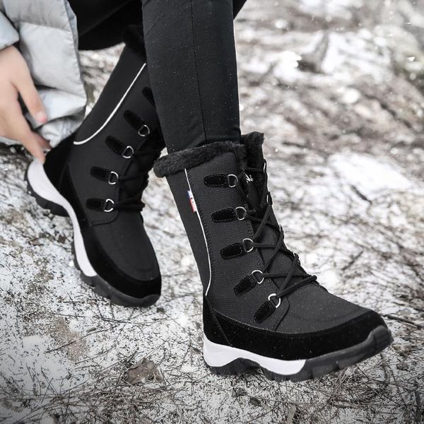 

треккинг новый 2020 открытый midcalf сапоги мода микрофибры женские сапоги обувь женщина туризм зима теплый плюшевые женщины снег, Black