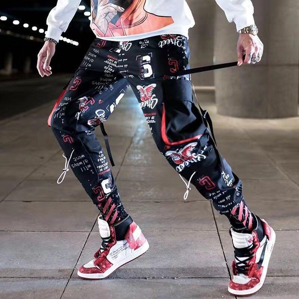 

block pocket patchwork cargo joggers men 2020 new streetwear hip hop letter print harem pants mens casual trousers sweatpants, Black