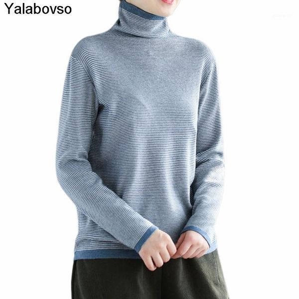 

new style retro knitted cotton sweater autumn vintage striped pile collar and bottomed sweater for women bottoming tees female1, White;black