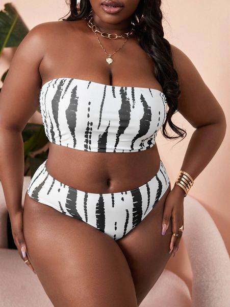 

plus allover print bandeau bikini swimsuit j0x0#, Black