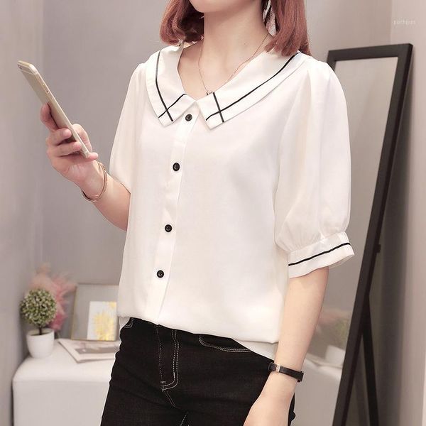 

coigarsam 4xl plus size short shirt womens summer chiffon lantern sleeve women shirts white yellow 20981