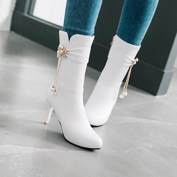 

boots pxelena elegant stiletto high heels mid calf ladies shoes dress office party wedding women white flower beads, Black