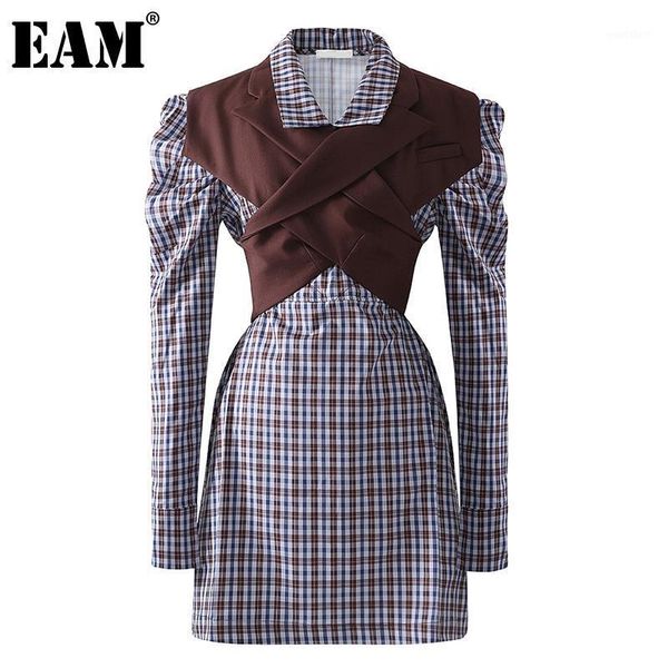 

eam] women vintage plaid split midi draw back dress new lapel puff sleeve loose fit fashion tide spring autumn 2021 1dc1141, Black;gray