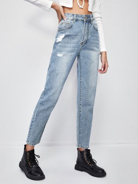 

ripped cat whisker high waist jeans s4e2#, Blue