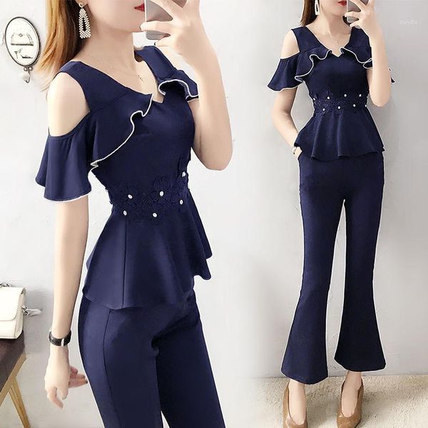 

2020 summer women off shoulder v-neck chiffon blouse wide leg loose long pant 2 piece set female two piece suit outfits b521, White