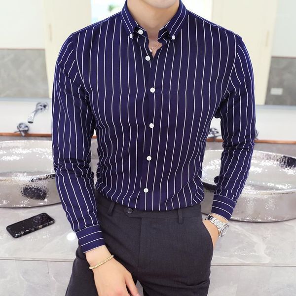 

men's new striped shirt long sleeve business casual slim shirt men's large size new dress1, White;black