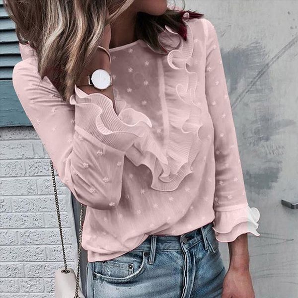 

women lace blouse polka dot o neck shirt long sleeve harajuku blouse ladies ruffle shirt casual blouses women streetwear, White