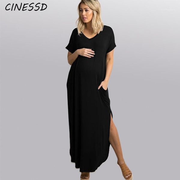 

maternity dresses casual dress summer short sleeve solid clothes for pregnant women v-neck loose pregnancy dresses1, White