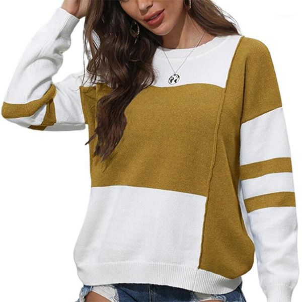 

women color-blocking pullover stitching round neck long-sleeved sweater blouse1, White;black