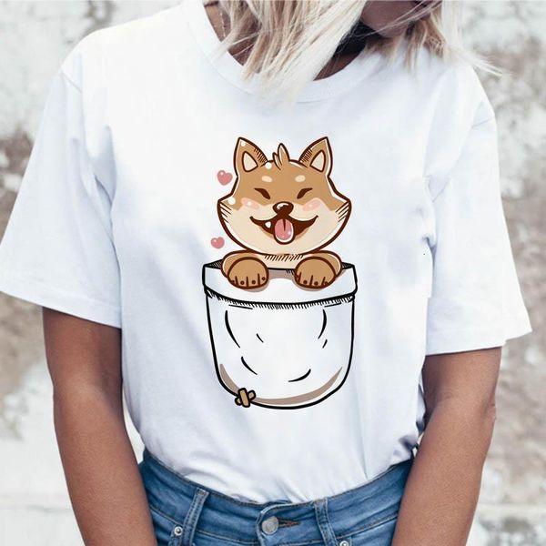 

pocket shiba inu t shirt funny ulzzang women korean tshirt for tees female harajuku t-shirt graphic clothing, White