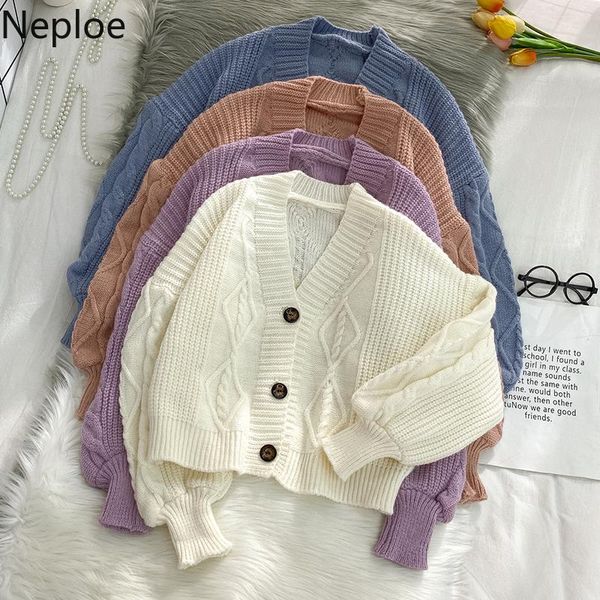 

women's knits & tees neploe short knitted cardigan women 2021 autumn korean twisted causal knitwear jacket long sleeve v-neck sweater c, White